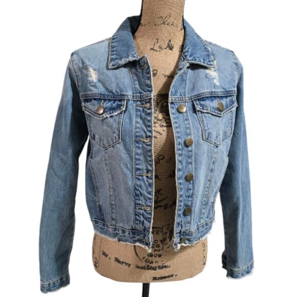 Evidnt Blue Denim CROPPED JEAN Jacket with Distressed Details SIZE SMALL - Picture 1 of 9